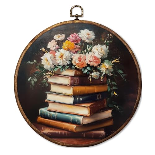 Fyecoluo Vintage Moody Floral Book Round Canvas Wall Art, Dark Cottagecore Reading Framed Canvas Art, Rustic Floral Bookish Circle Wall Hanging Prints for Library Reading Room Decor, 10x10 Inches