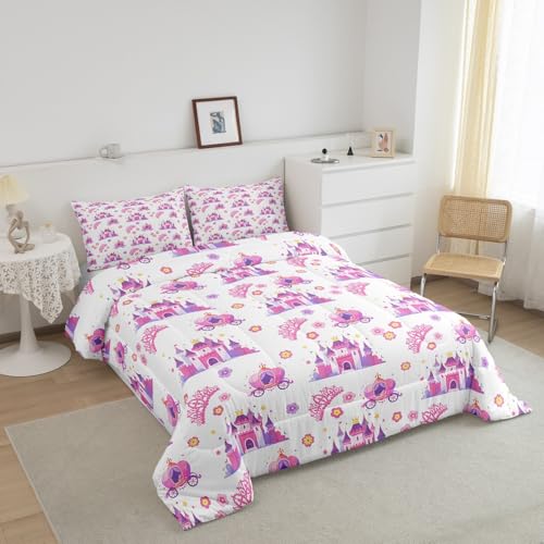 Image of Feelyou Kids Princess Castle Bedding Set Full Size, Fairytale Duvet Insert Pumpkin Carriage Comforter Set Boys Girls Teens Bedroom Decor 3Pcs