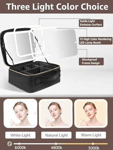 Image of Friza Travel Makeup Case With Led Light Mirror, Waterproof Vanity Bag With 3 Adjustable Color Brightness Cosmetic Bag Train Case Organizer With Adjustable Dividers (Black)