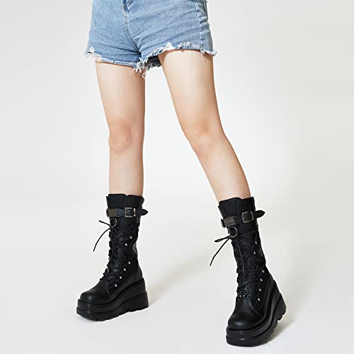 Tscoyuki Women's Platform Mid Calf Boots, Chunky High Heel Wedge Boots Goth Zip & Lace Up Combat Round Toe Motorcycle Boots #TOP5