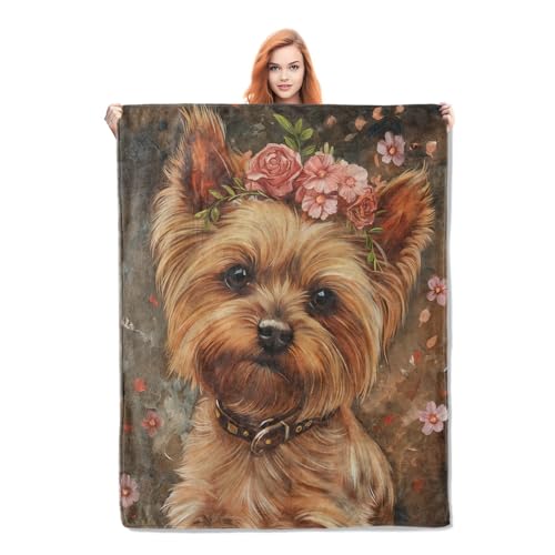 Yorkshire Terrier Dog Blanket Gifts for Women Girls Soft Warm Lightweight Cozy Plush Cute Animal Floral Dog Throw Blankets for Bedroom Living Room Sofa Home Decor 60"x50"