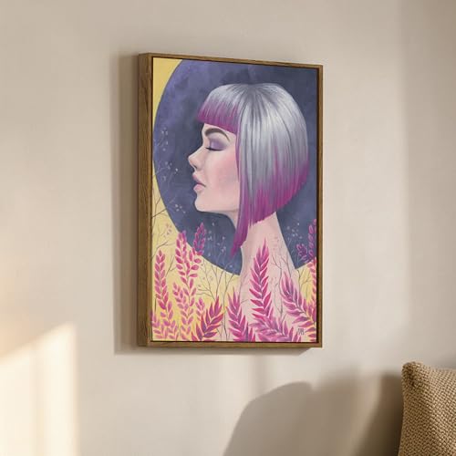 Image of Surreal Botanical Woman Portrait Framed Canvas Painting For Living Room | Modern Abstract Moon Girl Wall Art For Livingroom Wall Decor, Home Decor, Bedroom, Hallway's, Office, Hotel - 43x58 cm
