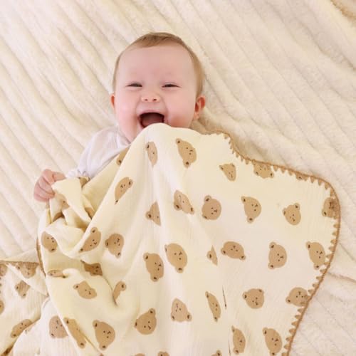 Image of Double Layered 100% Cotton Muslin Baby Blanket Ultra-Soft 40x40 Inch Swaddling Nursery Crib Blanket(Cute Bear)