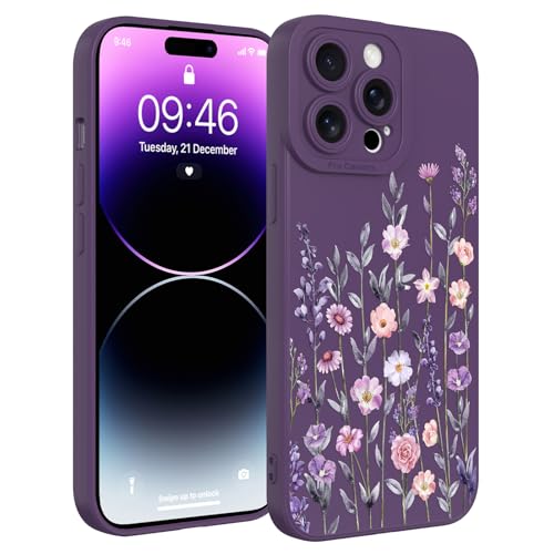Image of Designed for iPhone 14 Pro Max Case Flower for Women, Dark Purple | Cute Floral Pattern Liquid Silicone Phone Case [Full Camera Protection] Slim Soft TPU Protective Cover