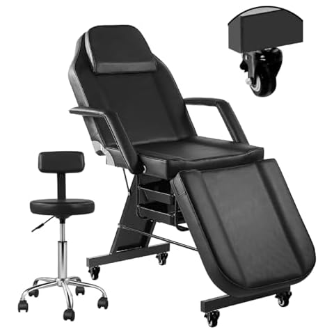 V VDLONSY Facial Chair with Wheel Tattoo Chair for Client Beauty Chair Artist Spa Bed Removable Headrest for Client, Esthetician, Artist, Lash Bed Black Cover