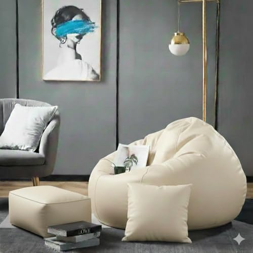 Image of Luxury 5XL Jumbo Bean Bag with Footrest & Cushion | Premium Leatherette | High-Density Beans Filled | Heavy Duty Double Stitch | 6 Months Warranty Color- (Navy Blue) (Cream)