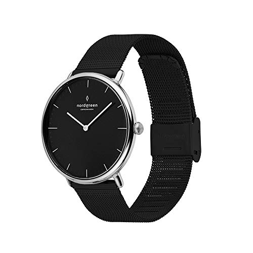[Nordgreen] ノードグリーン］Native 北欧デザイン腕時計 メンズのシルバーのミニマルデザインの腕時計・ブラック文字盤とブラックメッシュベルト