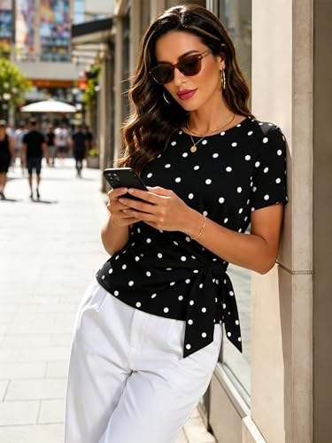 Image of HOTIAN Womens Cap Sleeve T Shirts 2026 Tie Waist Wrap Tops Crew Neck Blouses Dressy Casual Loose Work Business Dressy