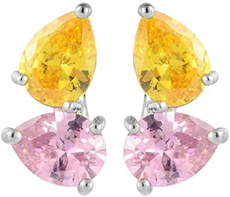 RIZILIA Stud Pierced Earrings with Pear Cut CZ [Simulated Green Emerald &Blue Sapphire] in White Gold Plated, Simple Modern Elegant image 5