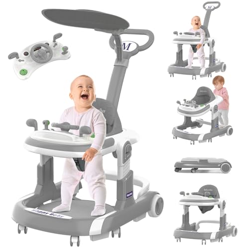 Image of Grey 5 Modes Foldable Baby Walker with Wheels, Music, 4-Height Toddler Walker with Push Handle, Food Tray, Sunshade - Suitable for Babies 6-12 Months Boys & Girls