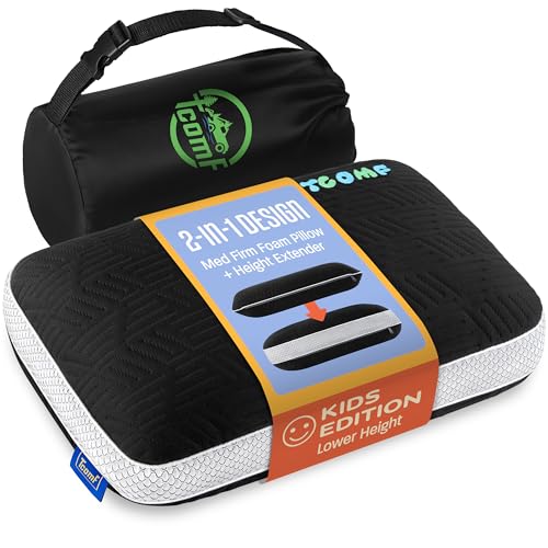 TCOMF Almohada de camping de espuma viscoelástica para niños, pequeña y portátil, espuma de firmeza media con extensor de altura suave, almohada de viaje para dormir con 5 capas para mayor comodidad y