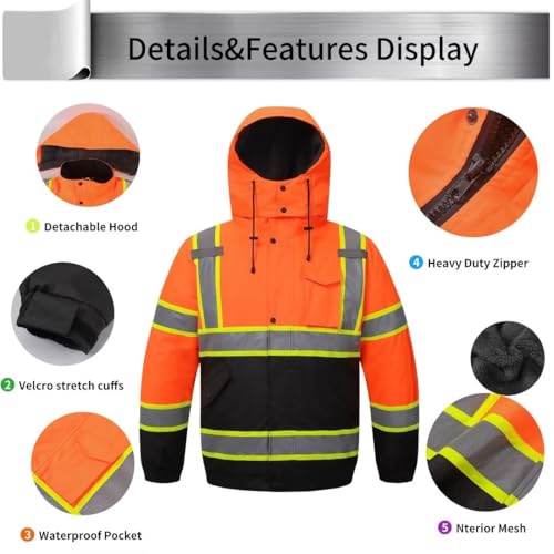 TOKISHI High Visibility Hoodie For Men Reflective Safety Jacket Snowproof And Warm Raincoat With Zipper Men'S/Women'S Construction Work Safety Insulated Parka Orange XL by TOKISHI - Image 3