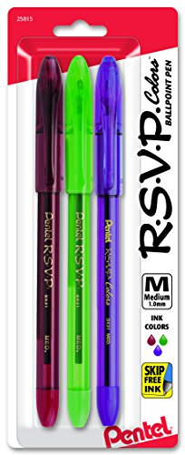 Pentel RSVP Colors Ball Point Pen, Medium Line, Assorted Ink, Pack of 3 (BK91CRBP3M)
