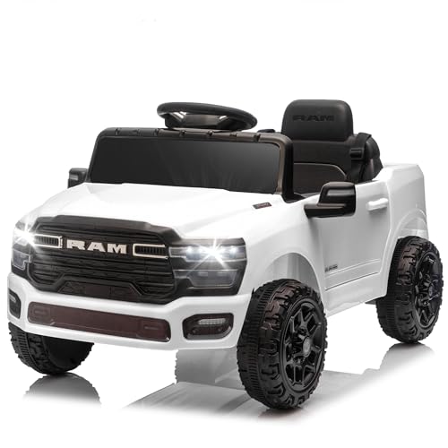 12V Licensed RAM 3500 Ride on Toy for Kids, Toddler Ride on Truck with Parent Remote Control, 2WD, Rear Shock Suspension, LED, Bluetooth, 3 Point Safety Belt, Electric Car for Kids (White)