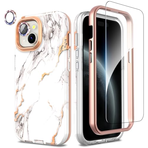 SHEDEER for iPhone 15 Case with Glitter Camera Protector + Screen Protector, Chic Anti-Yellowing Pattern
