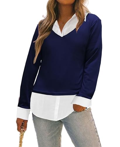 Image of Oyamiki Women's Casual Collared Curved Hem 2 in 1 Pullover Tops Plaid Contrast Shirt Blouse