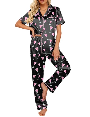 Image of Ekouaer 2 Piece Satin Short Sleeve Pajamas Set Button Down Sleepwear | Soft Pjs Set Classic Loungewear for Wedding, Party, Home, Daily Wear, Date Nights