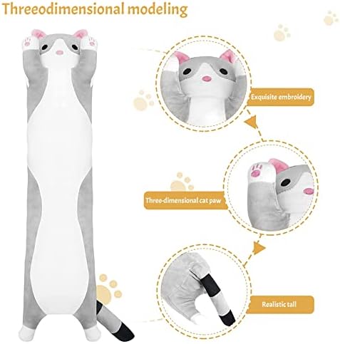 Soft Plush Throw Pillow Cute Cartoon Cat Doll Cushion Comfortable Stuffed Kitten Sleeping Pillow Long Hanging Doll Cozy Throw Pillow Cotton Budies Cuddly Gift for Kids Girls Girlfriend (Grey Cat-90cm)