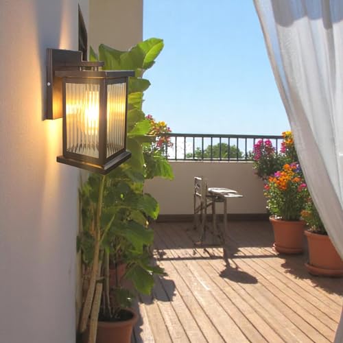 Image of GreyWings Classic Outdoor Wall Light for Home, Brown Metal Frame with Ribbed Glass, E27 Big Threaded Holder, Wall Lamp, Pack of 2