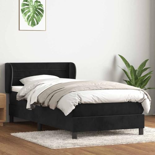 ACAGALA Cama con somier con colchón de 80 x 220 cm, cama tapizada de terciopelo, cama individual con cabecero de rayas horizontales, marco de cama con somier, patas de apoyo reforzadas, color negro