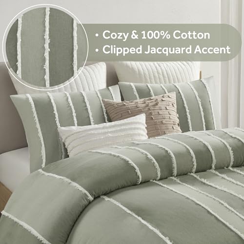 Image of Ink+Ivy Queen Duvet Cover Set Boho Duvet Covers Stripes, Clipped Jacquard, Cotton Duvet Cover for Queen Size Bed, All Season Lightweight Queen Bedding Cover & Shams, Shay, Full /Queen, Sage 3 Piece