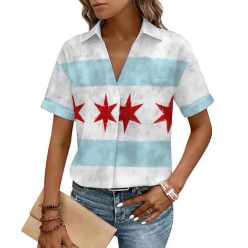 DQJUWQP Chicago-City Flag Women's Button Down Shirt - Wrinkle Resistant Regular Fit Blouse Business Casual Blend Tops 5X-Large