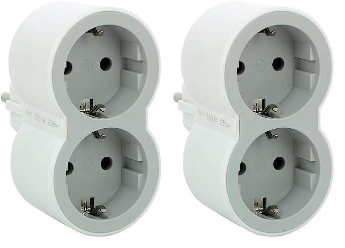 Legrand 694516, Adaptadores 2P+T, 2 Tomas de enchufes/Corriente Frontales, Ladron de enchufes. Color Blanco/Gris Claro (Paquete de 2)
