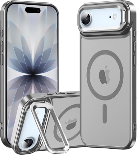 Elzzi Translucent Matte Kickstand Case for iPhone 17 Air, Built-in Adjustable Camera Stand, Translucent Matte Magnetic Mag-Safe Shockproof Phone Cover (Grey)