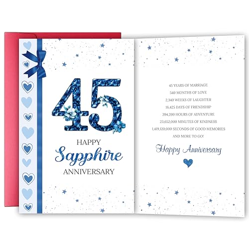 45 Year Anniversary Card for Wife Husband, Sapphire Wedding Anniversary Card for Couples Him Her, 45th Marriage Milestone Greeting, Romantic Sapphire Jubilee Gift for Spouse Partner Parents
