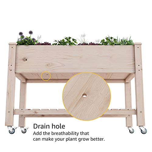 AMZFINE Heavy Duty Wooden Raised Garden Bed Kit with Lockable Wheels/Storage Shelf, Solid Wood Elevated Planter Box -48\" L x 24.5\" W x 32\" H, Natural