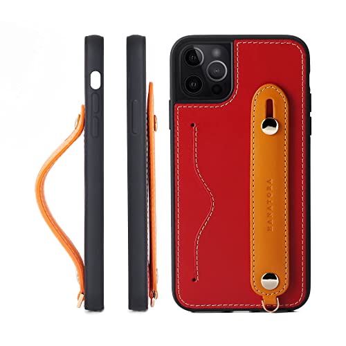 iPhone 14 Pro Max ケース 本革 グリップケース レザー ストラップ付属 イタリア製牛革 ヌメ革 片手操作 カード収納 スタンド機能 メンズ レディース レッド/オレンジ CGH-14ProMax-Red-OG