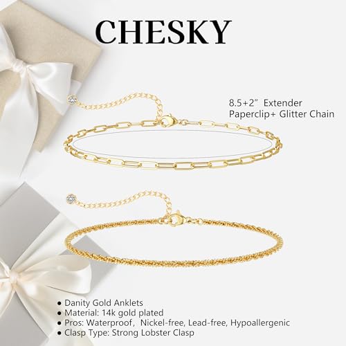 CHESKY Gold Ankle Bracelets for Women, 14k Gold Plated/Sterling Silver Anklet Bracelet Set Layered Glitter Box Paperclip Figaro Cuban Link Anklets for Women, Waterproof Summer Gold Jewelry Gifts