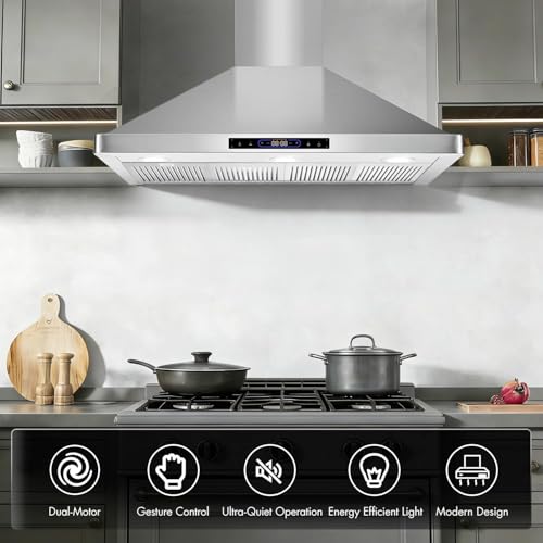 Image of VAV 48 inch Range Hood, 1500CFM Dual Motor, Gesture Control, Stainless Steel | Wall Mount Range Hood 4 Speed Exhaust Fan LED Lighting Convertible Vent