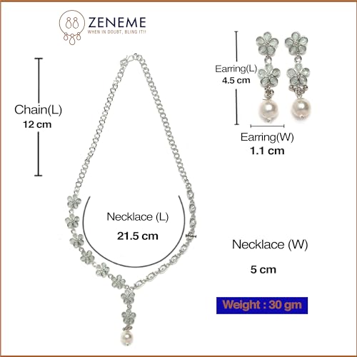 Oxidised Silver-Plated Flower American Diamond Necklace Earrings Set