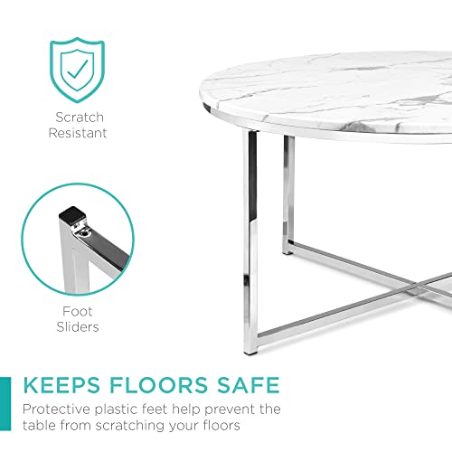 Best Choice Products Round Coffee Table 36In Faux Marble Coffee Table, Large Circular Living Room Table, Modern Boho Home Décor Metal & Marble Accent Table – White/Chrome #TOP4