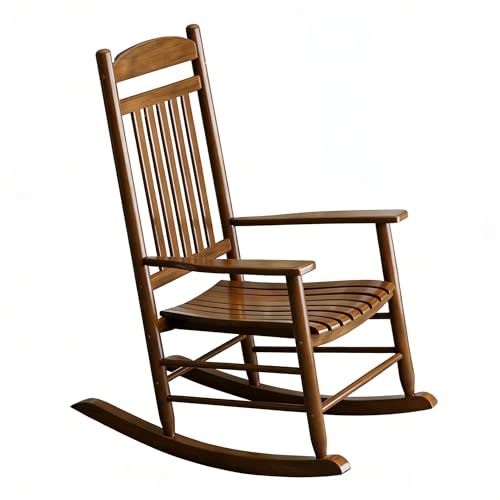 ZUMUSIJN Wooden Outdoor Rocking Chair Weatherproof Oversized Rocking Chair Heavy Duty Comfort Brown 350 lbs Weight Capacity Solid Relaxing Rocker Brown High Back for Patio Porch Living Room