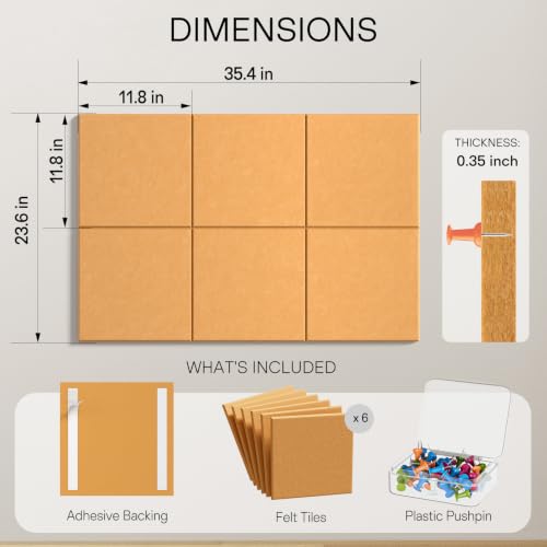 Image of MaxGear Felt Bulletin Board 36 inch x 24 inch, Mustard Yellow 6 Pack Felt Wall Tile