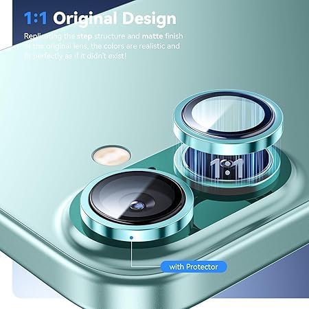 Image of for iphone 16 /16 Plus camera lens protector Tempered Glass Aluminum Alloy Ring with Camera Cover (Green)