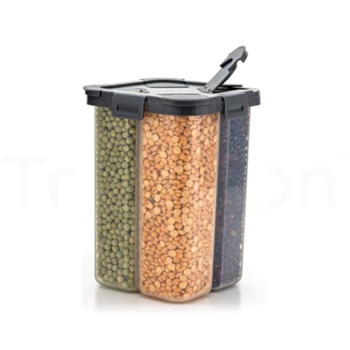Image of TRUBILLION SplitBox 4-Section Kitchen Food Storage Container,2000ml BPA-Free Transparent,Black Lid,Removable Divider,Freezer Safe,Stackable Space,Saving Design,For Pulses,Snacks,Dry Fruits (Grey)