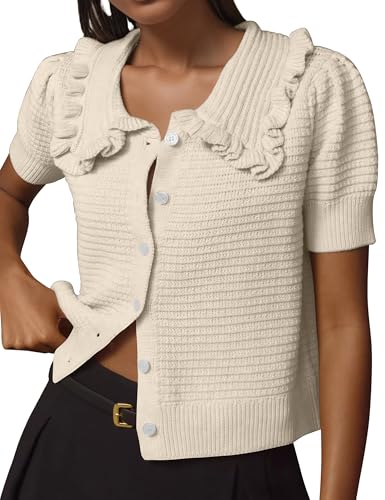 Image of Livtany Women's Button Down Ruffle Collared Ribbed Trim Sweater Tops Crochet Knit Lantern Short Sleeve Open Front Cardigan Beige