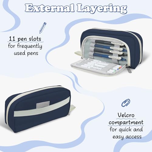 Image of Pencil Case for Teens Adults Boys, Large Capacity Pencil Pouch for Office College School, Multifunctional Portable Organizer for Cosmetics Stationery Supplies (Navy Blue)