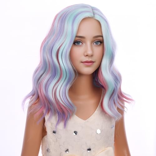 Image of PATTNIUM Kids Rainbow Wig Child Short Wavy Wig Multicolor Colorful Wigs for Girls Synthetic Wigs