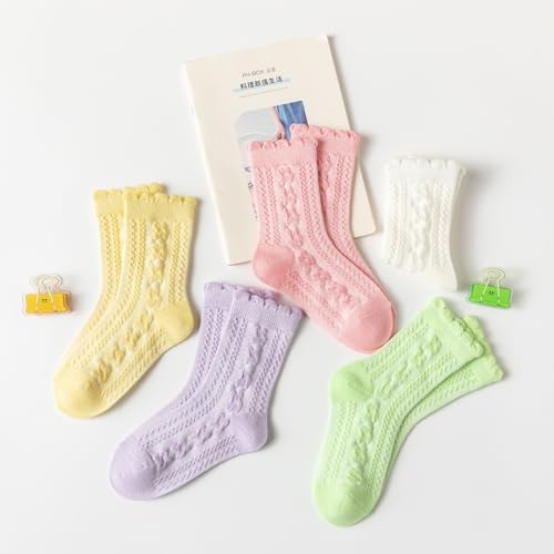 Meeshine 5 Pairs Toddler Girls Ruffle Ankle Socks Lightweight Cotton Solid Color School Dress Crew Socks for Kids 1-8T4