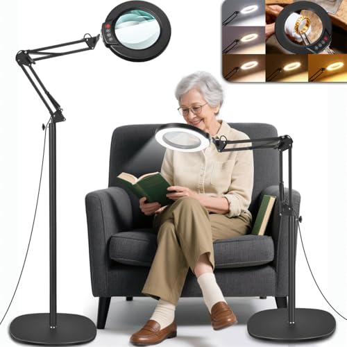 MagnieOpti 10X Stehlampe Lupe mit Licht und Ständer, 3-in-1 Flexible Schwenkarm Boden LED Lupenleuchte, 5 Farbmodus Stufenlos Dimmbar Leselupe, Freisprech Vergrößerungsboden zum Senioren Hobby