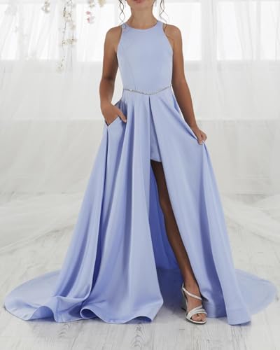 High Low Flower Girl Dress Satin Beaded Pageant Dresses for Girls Kids Party Formal Gown with Pockets3