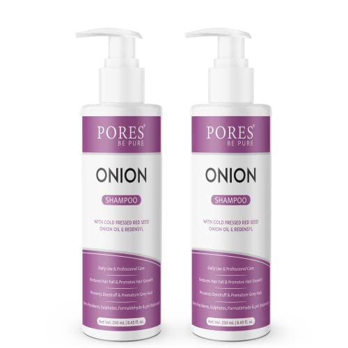 Image of PORES Be Pure Onion Shampoo with Redensyl | Cold Pressed Red Seed Onion Oil for Hair Fall Control, Dandruff & Hair Growth | Nourishing Shampoo for Dry, Damaged Hair | For Men & Women - (250 ml X 2)