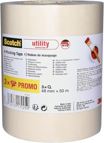 Scotch Utility Masking Tape, Promo Pack of 3 Rolls, 48 mm x 50 m, Beige - Painters Masking Tape for Indoor Painting and Decorating, 70% PEFC