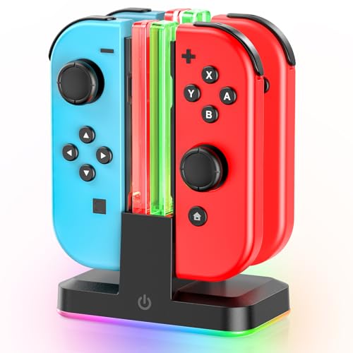 Switch Controller Charger for 4 Joycons with 9 RGB Light Modes, Joy con Charger Stand with LED Indicators, Switch Charging Dock Station for Joycon Charging (Not for Joycon 2)