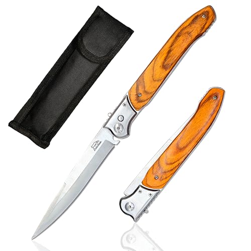 X NHCJEKK 12EDC Folding Knife Stainless Steel Blade with Sliding Safety Lock Black Nylon Sheath Ideal for Camping Hiking Fishing (Wooden handle)