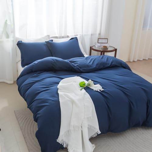 Image of SheRest Navy Duvet Cover Full Size - Soft Brushed Microfiber, 3 Pieces, 1 Duvet Cover 80x90 Inches with Zipper Closure 8 Ties & 2 Pillow Shams, Breathable Bedding Set for All Season (No Comforter)